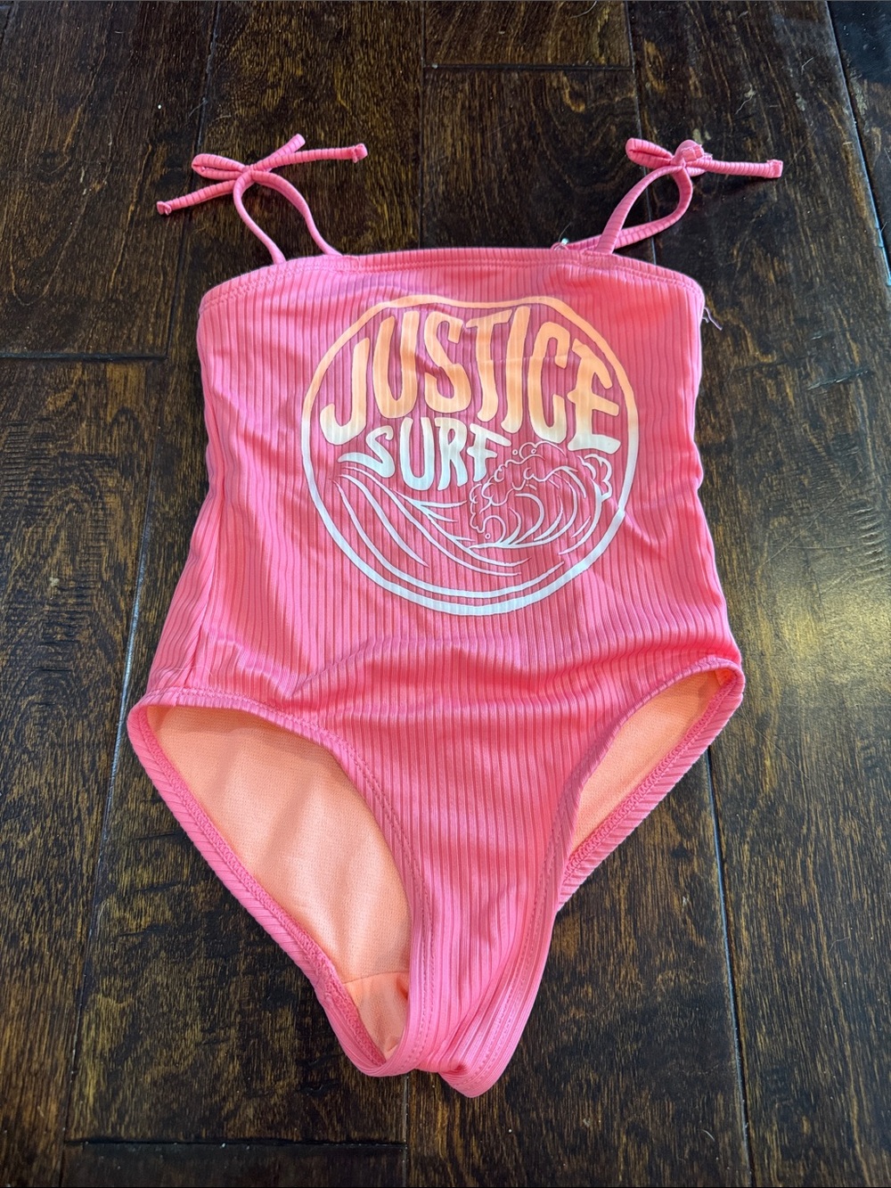 Justice Pink Ribbed Surf Logo One-Piece Swimsuit